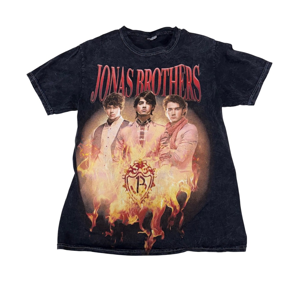 Jonas Brothers Acid Wash Graphic Band Tee Black Vintage Style Shirt Women Small